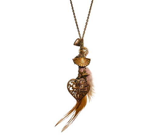 Copper charm necklace with feather plume